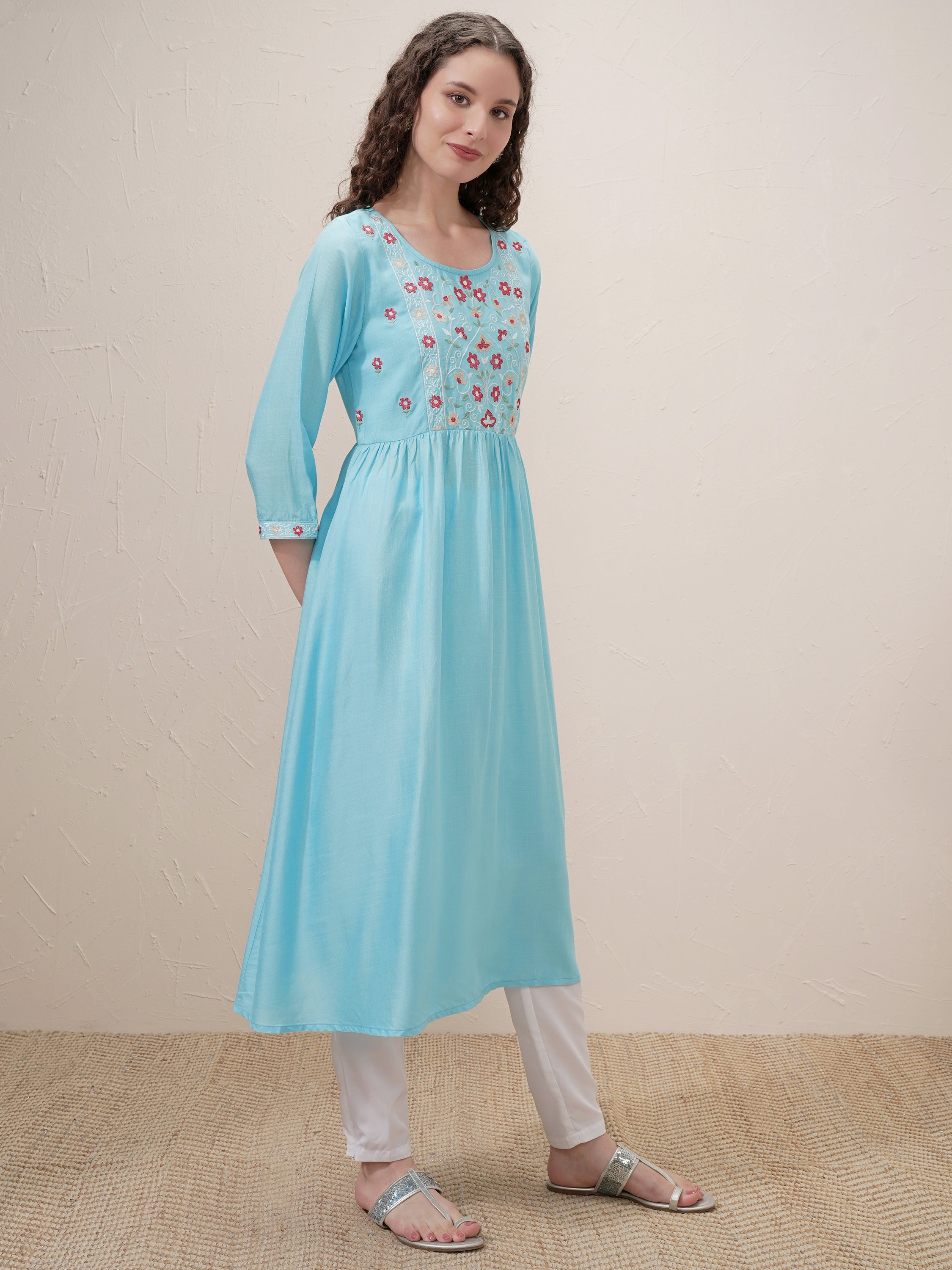 Vishudh Women Blue Embroidered A-Line Kurta - Blue - Image 6