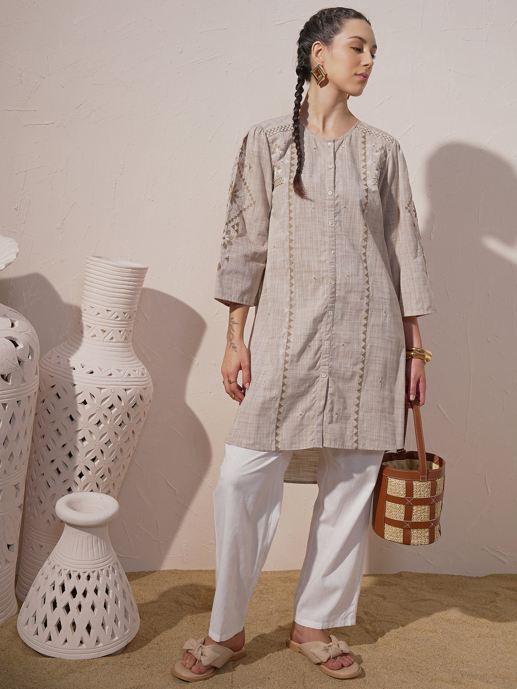 Vara By Vishudh Women Brown Chambray Embroidered A-Line Kurta - Brown - Image 1