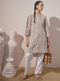 Vara By Vishudh Women Brown Chambray Embroidered A-Line Kurta - Brown - Image 1