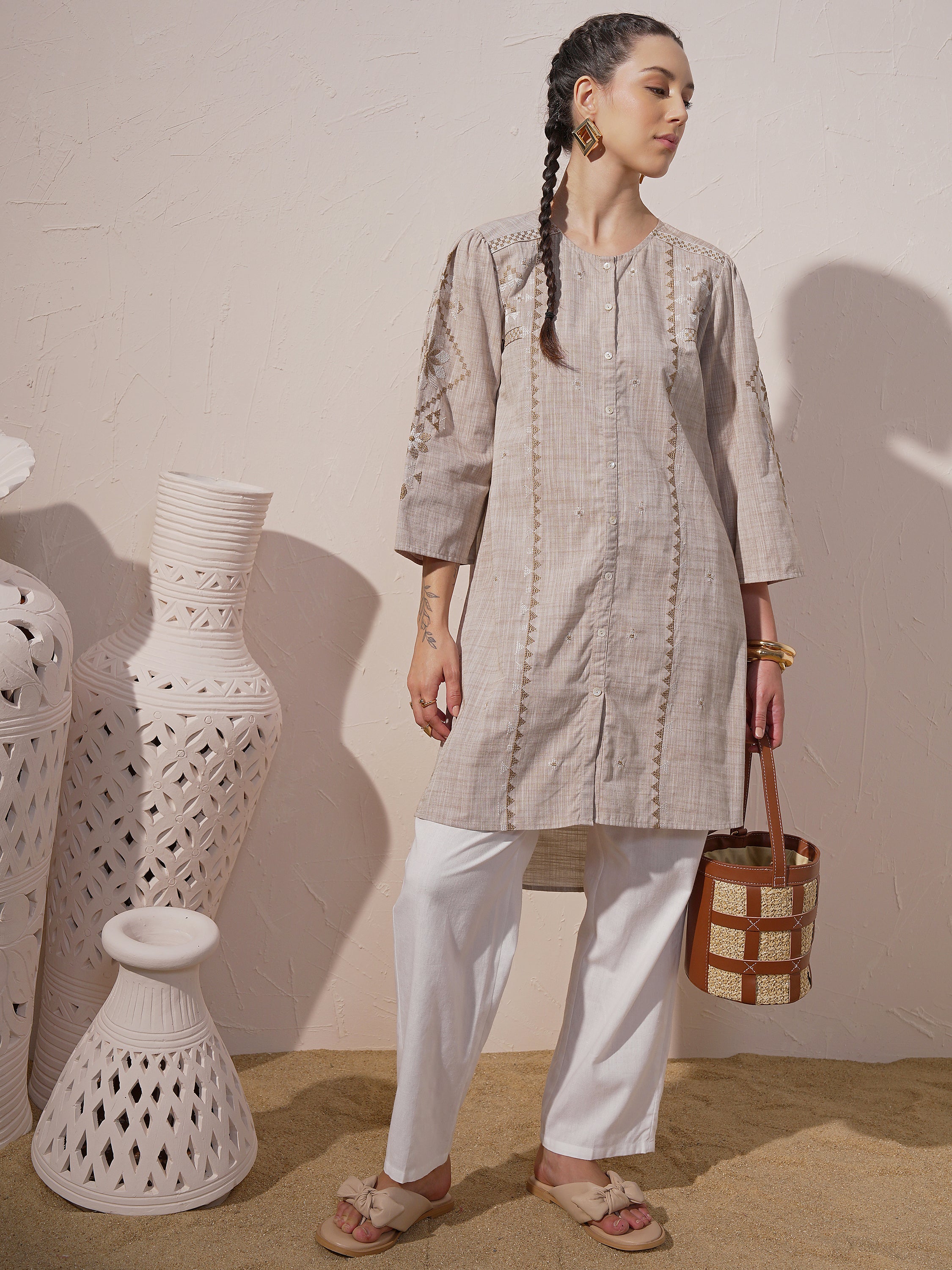 Vara By Vishudh Women Brown Chambray Embroidered A-Line Kurta - Brown - Image 1
