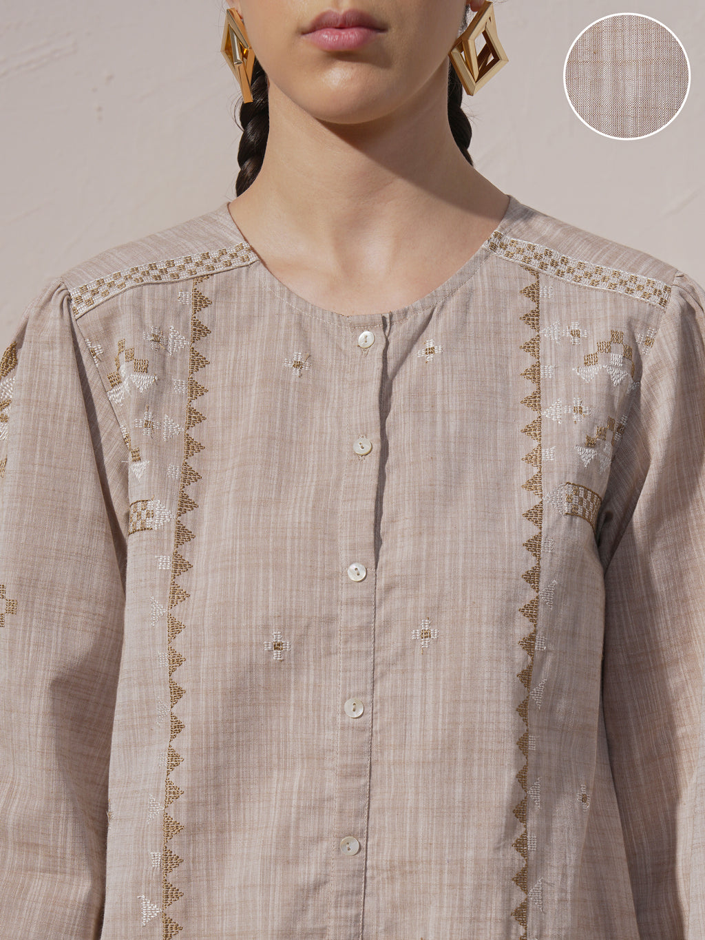 Vara By Vishudh Women Brown Chambray Embroidered A-Line Kurta - Brown - Image 5