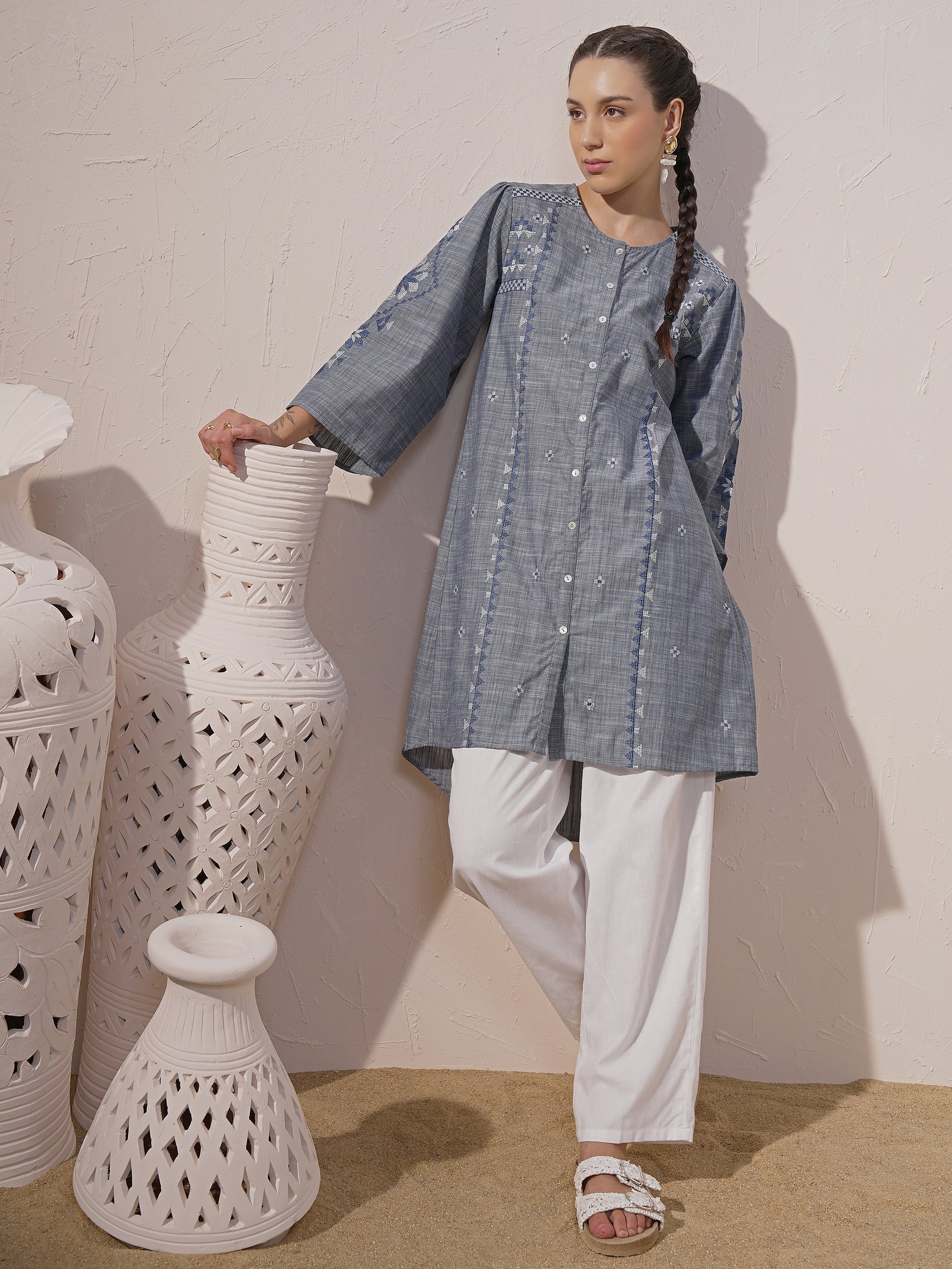 Vara By Vishudh Women Blue Chambray Embroidered A-Line Kurta - Blue - Image 1