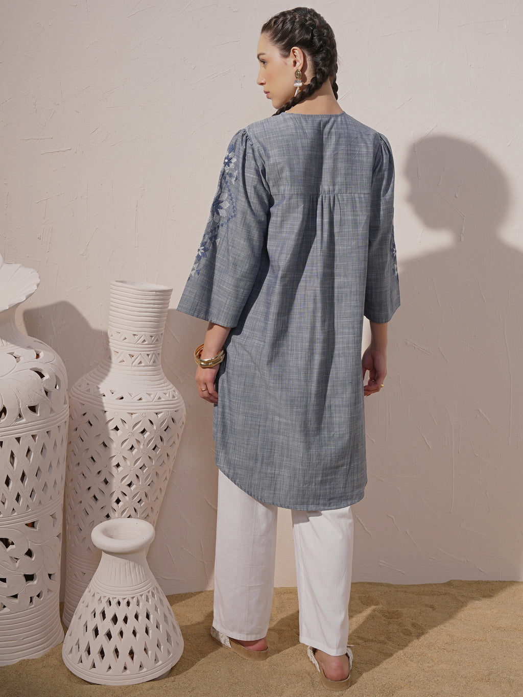 Vara By Vishudh Women Blue Chambray Embroidered A-Line Kurta - Blue - Image 3