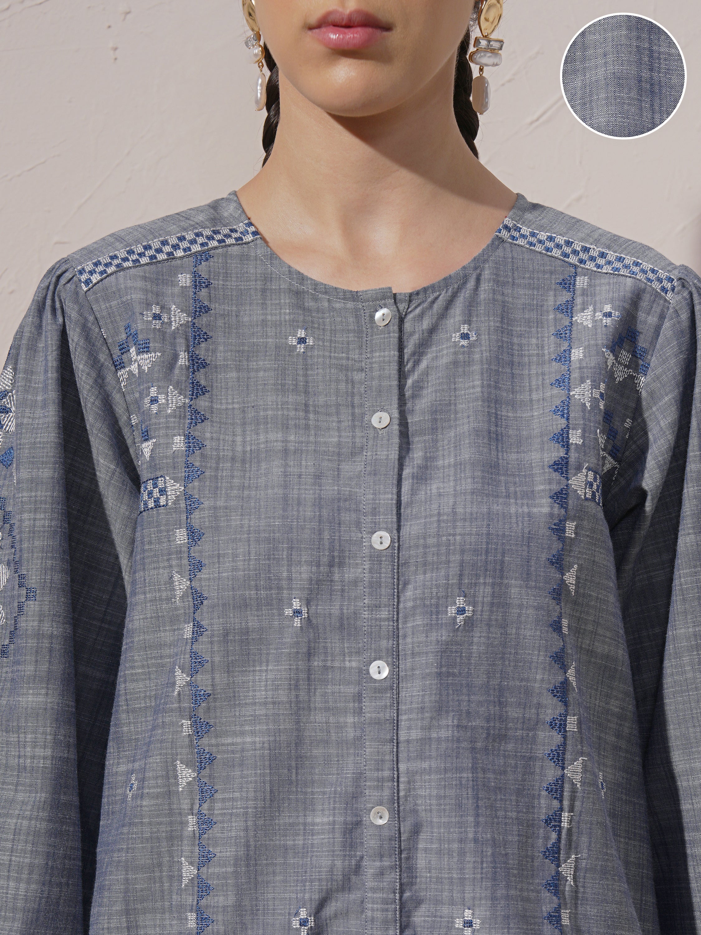 Vara By Vishudh Women Blue Chambray Embroidered A-Line Kurta - Blue - Image 5