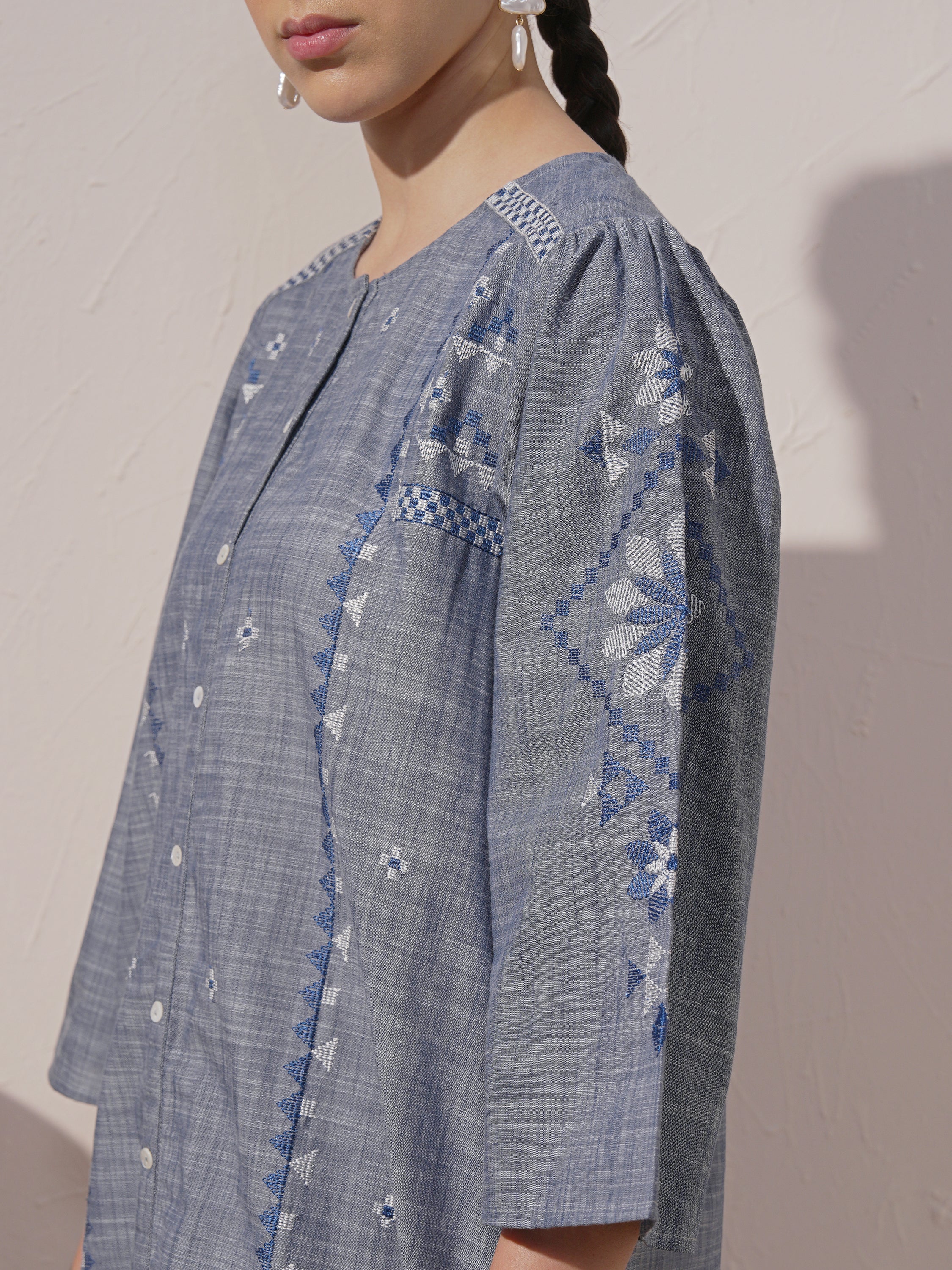 Vara By Vishudh Women Blue Chambray Embroidered A-Line Kurta - Blue - Image 6