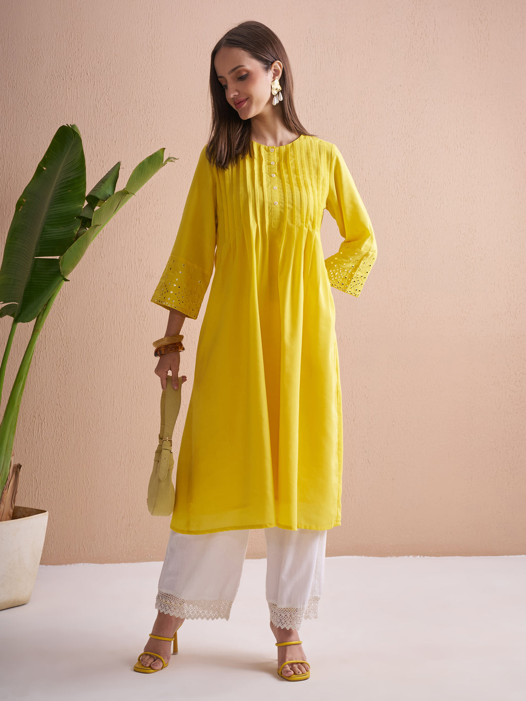 Vishudh Women Yellow Embroidered A-Line Kurta - Yellow - Image 2