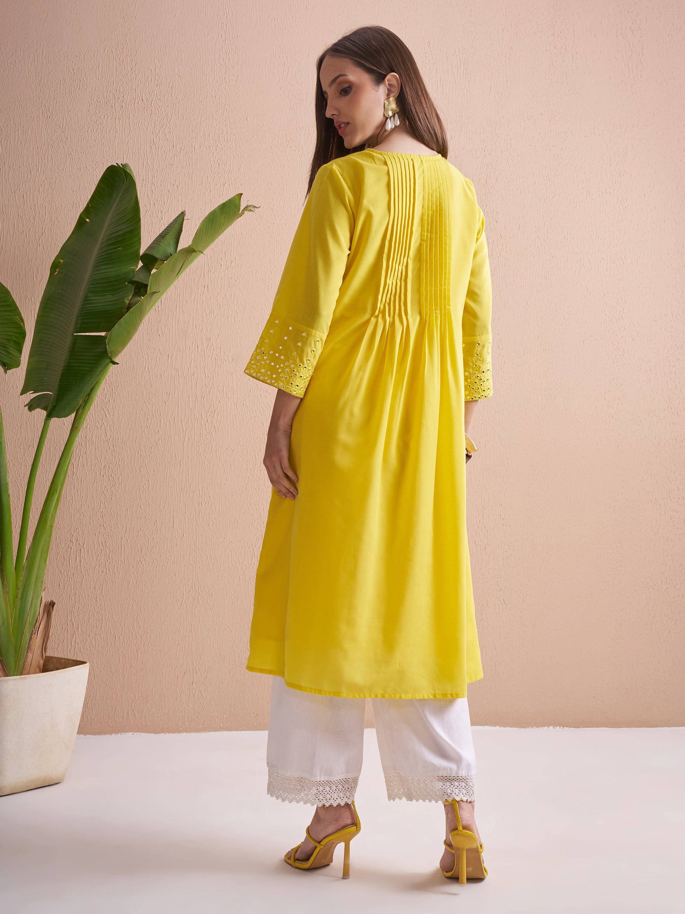 Vishudh Women Yellow Embroidered A-Line Kurta - Yellow - Image 3