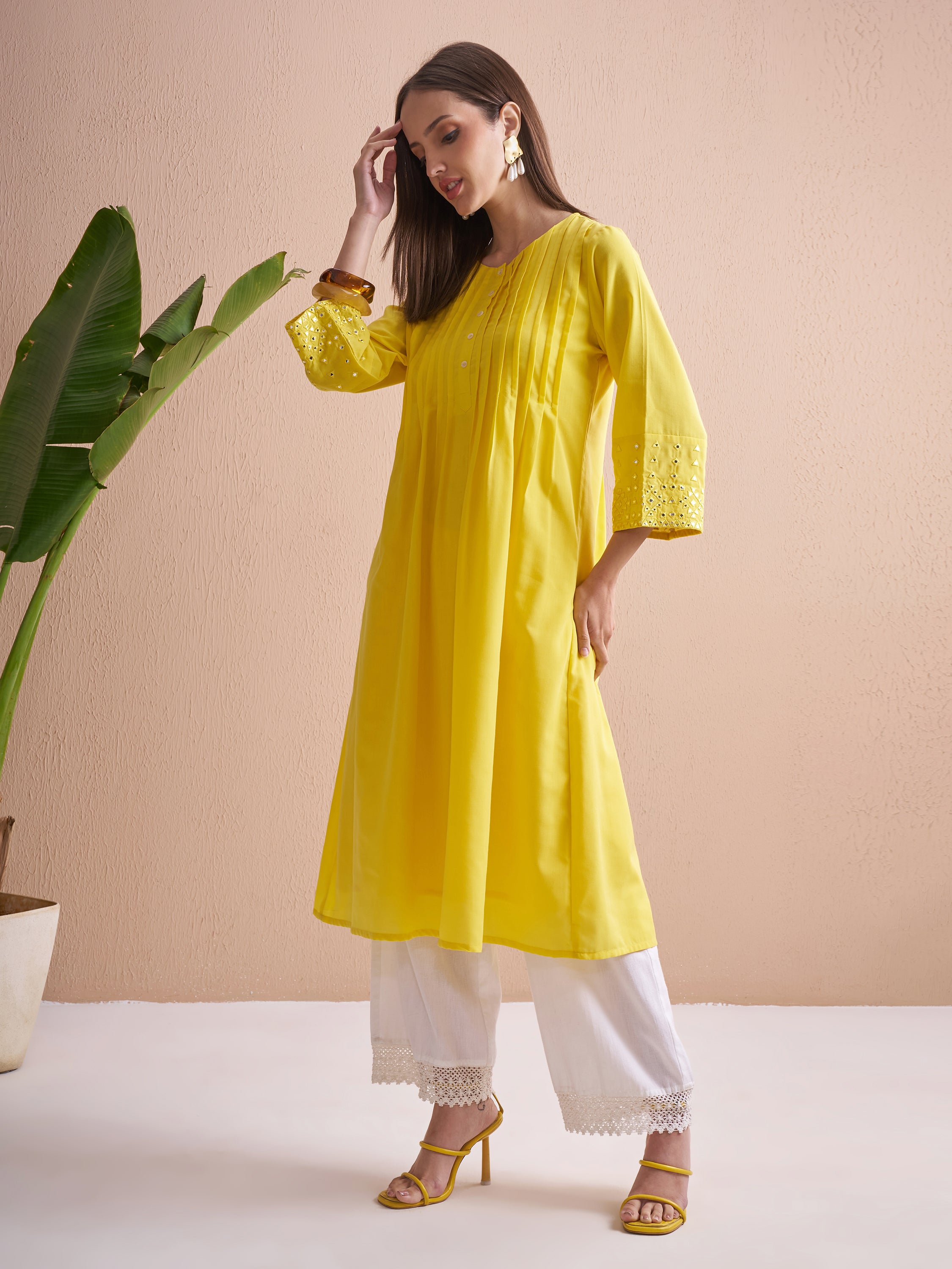 Vishudh Women Yellow Embroidered A-Line Kurta - Yellow - Image 4