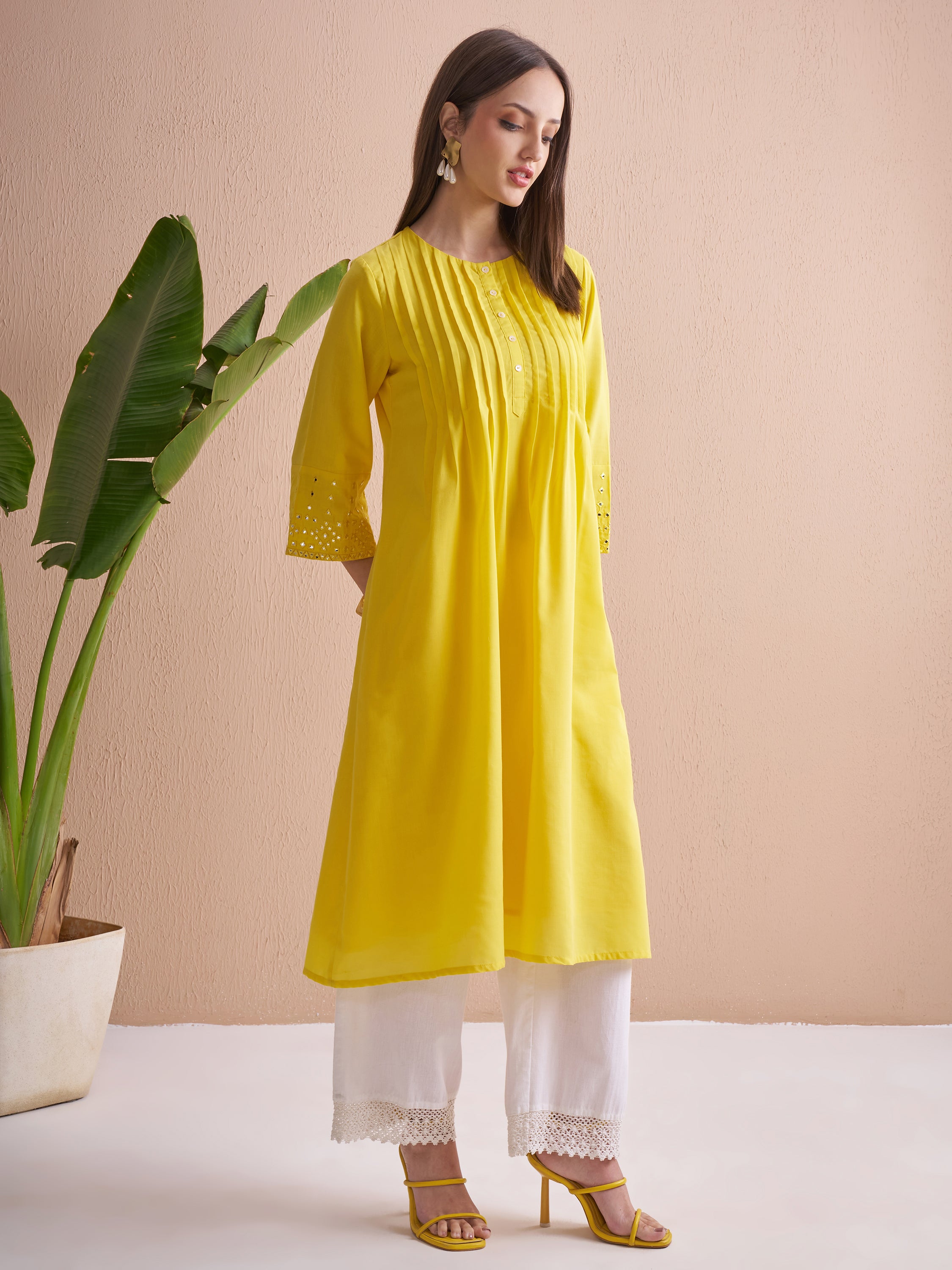 Vishudh Women Yellow Embroidered A-Line Kurta - Yellow - Image 6