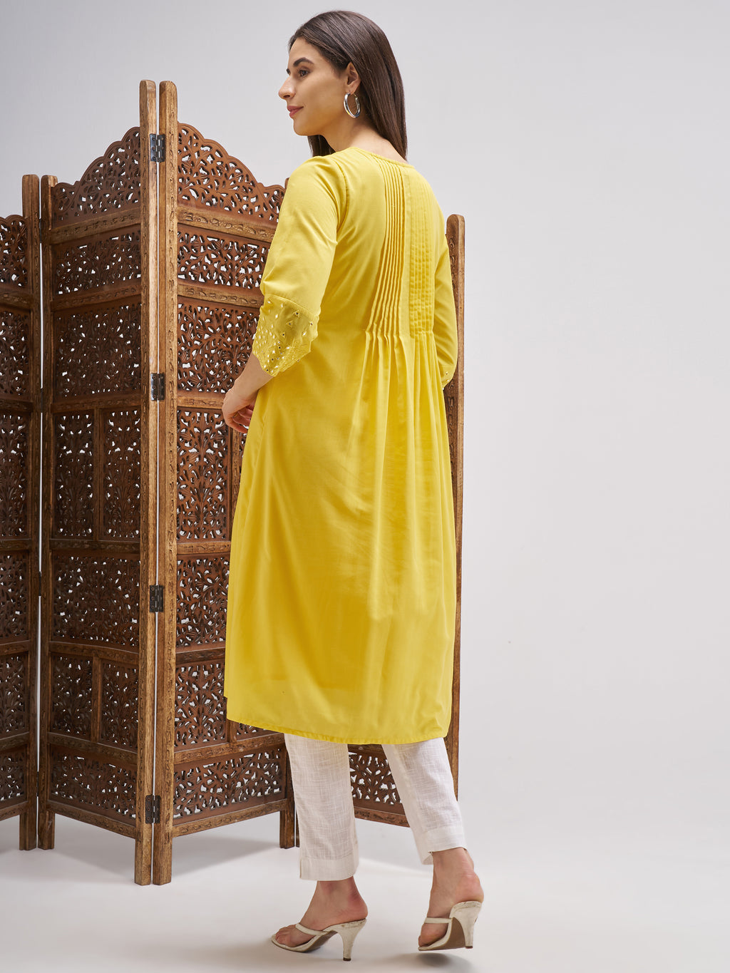 Vishudh Women Yellow Embroidered A-Line Kurta - Yellow - Image 3