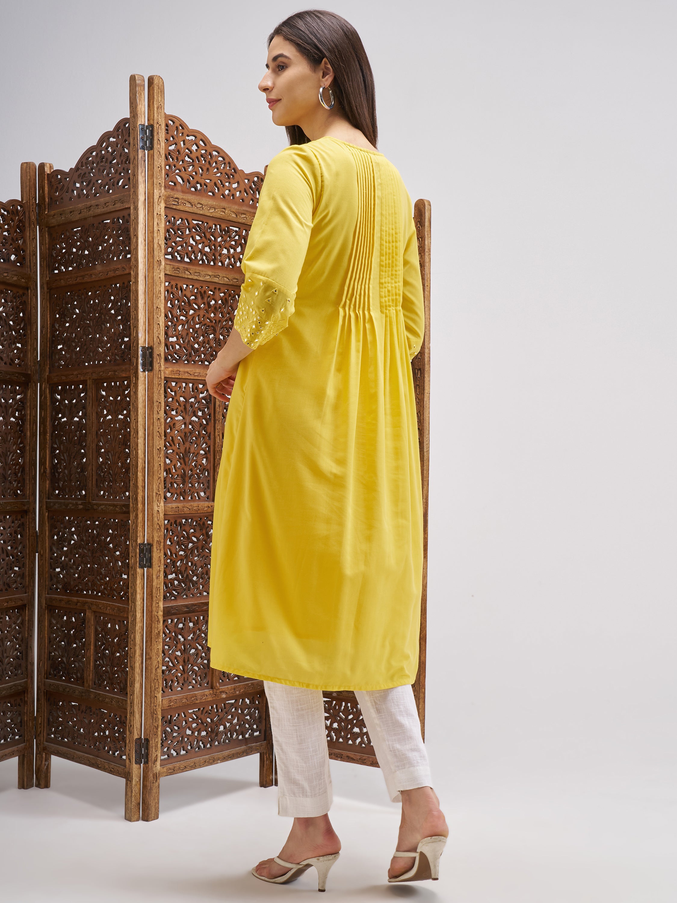 Vishudh Women Yellow Embroidered A-Line Kurta - Yellow - Image 3