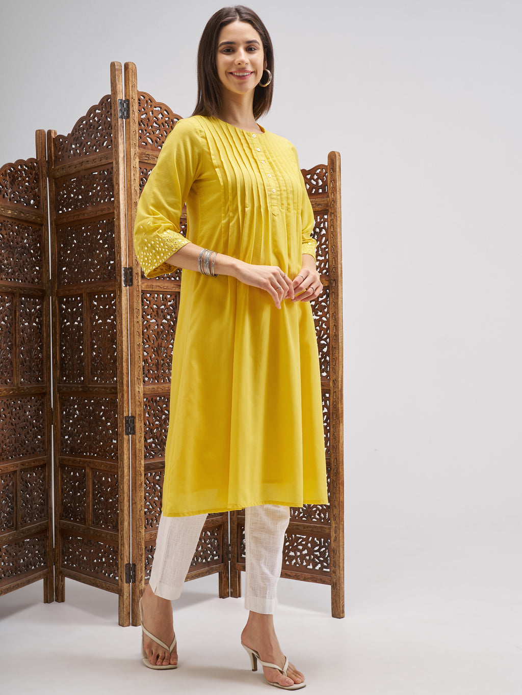Vishudh Women Yellow Embroidered A-Line Kurta - Yellow - Image 4