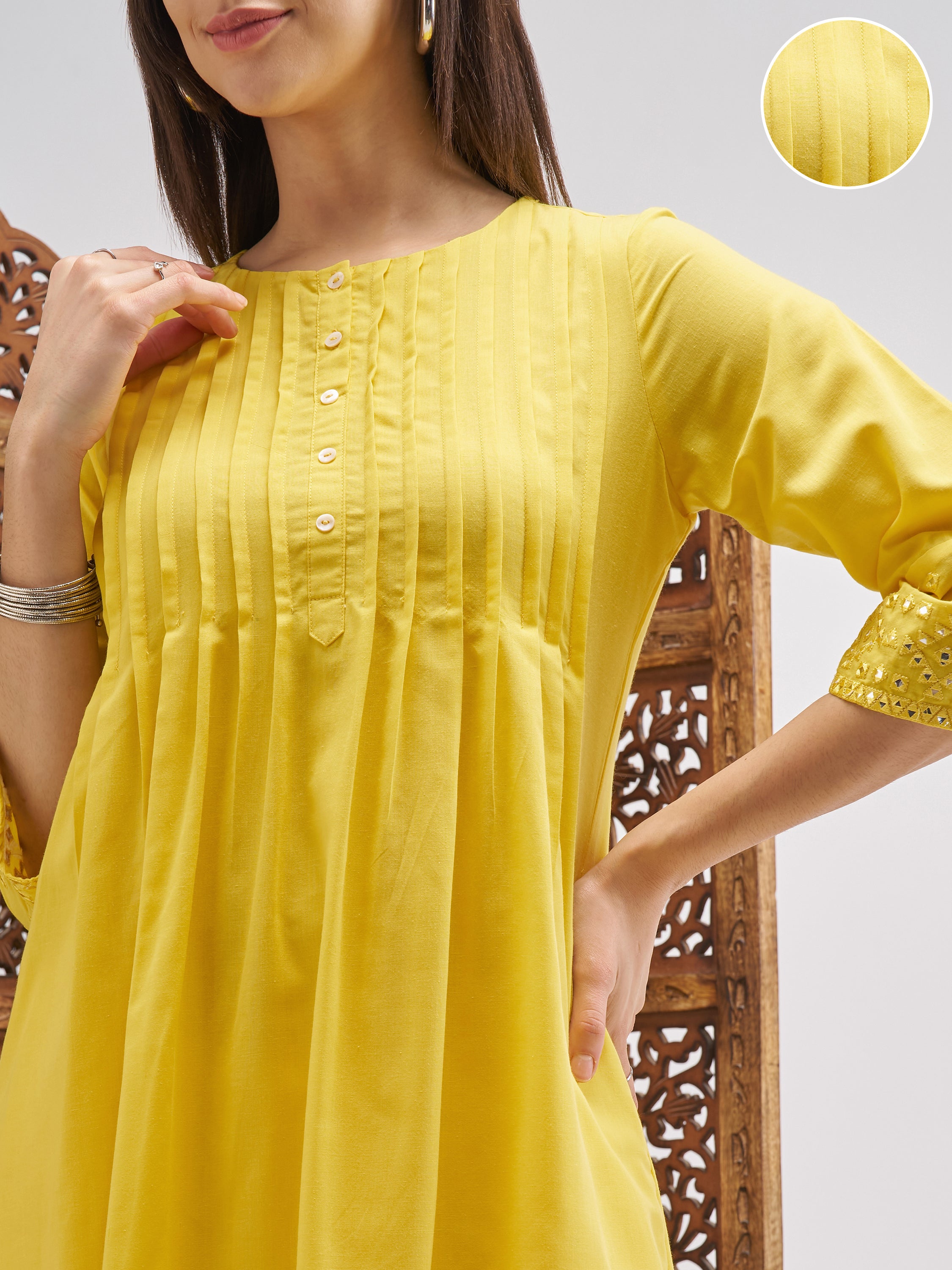 Vishudh Women Yellow Embroidered A-Line Kurta - Yellow - Image 5