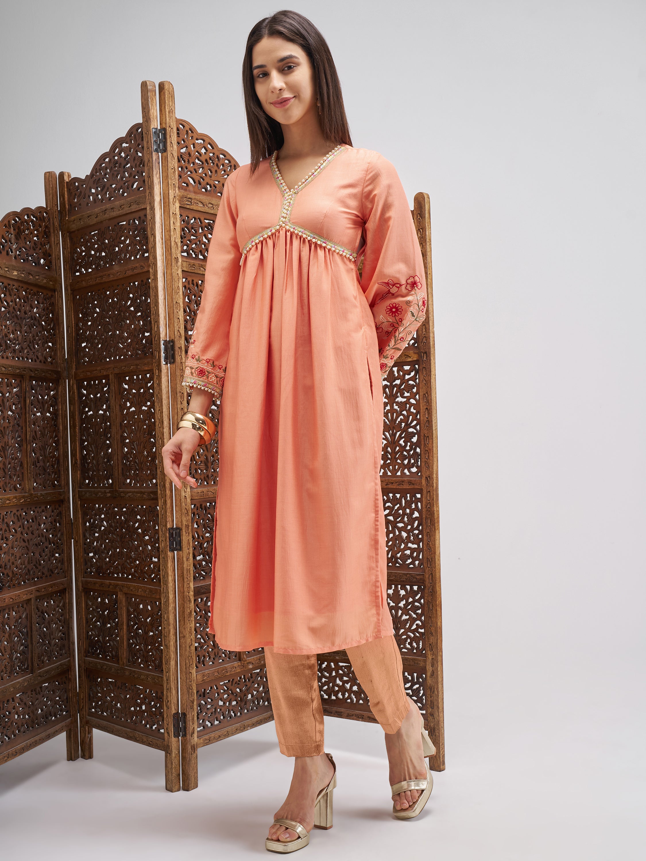 Vishudh Women Peach Embroidered Anarkali Kurta - Peach - Image 2