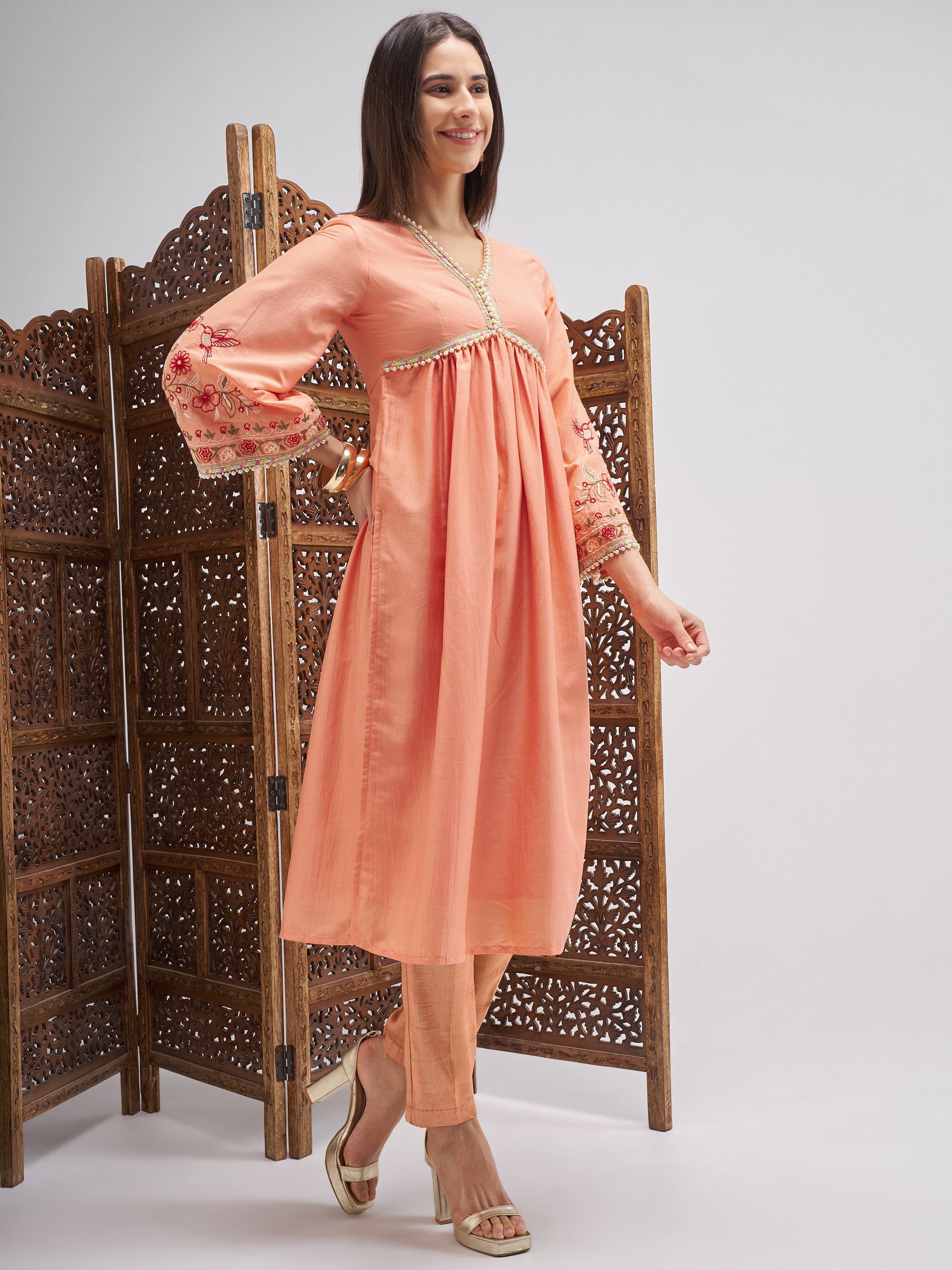 Vishudh Women Peach Embroidered Anarkali Kurta - Peach - Image 4