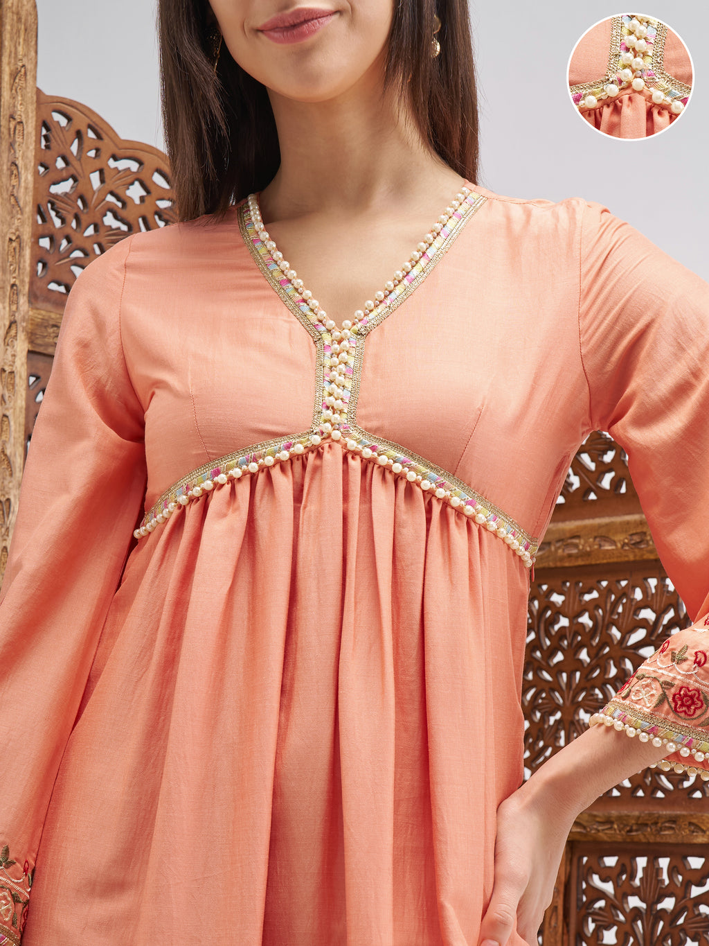 Vishudh Women Peach Embroidered Anarkali Kurta - Peach - Image 5