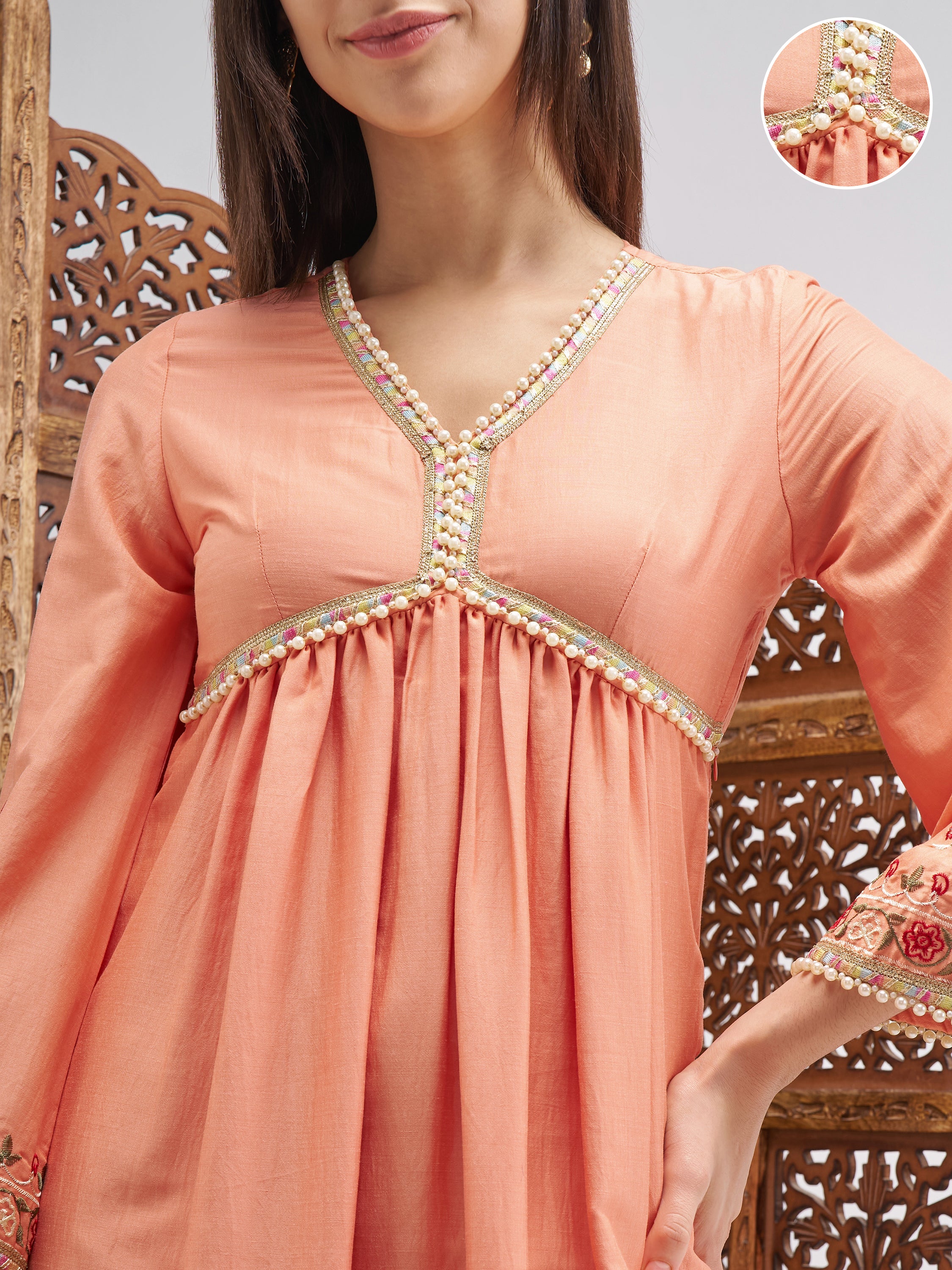 Vishudh Women Peach Embroidered Anarkali Kurta - Peach - Image 5