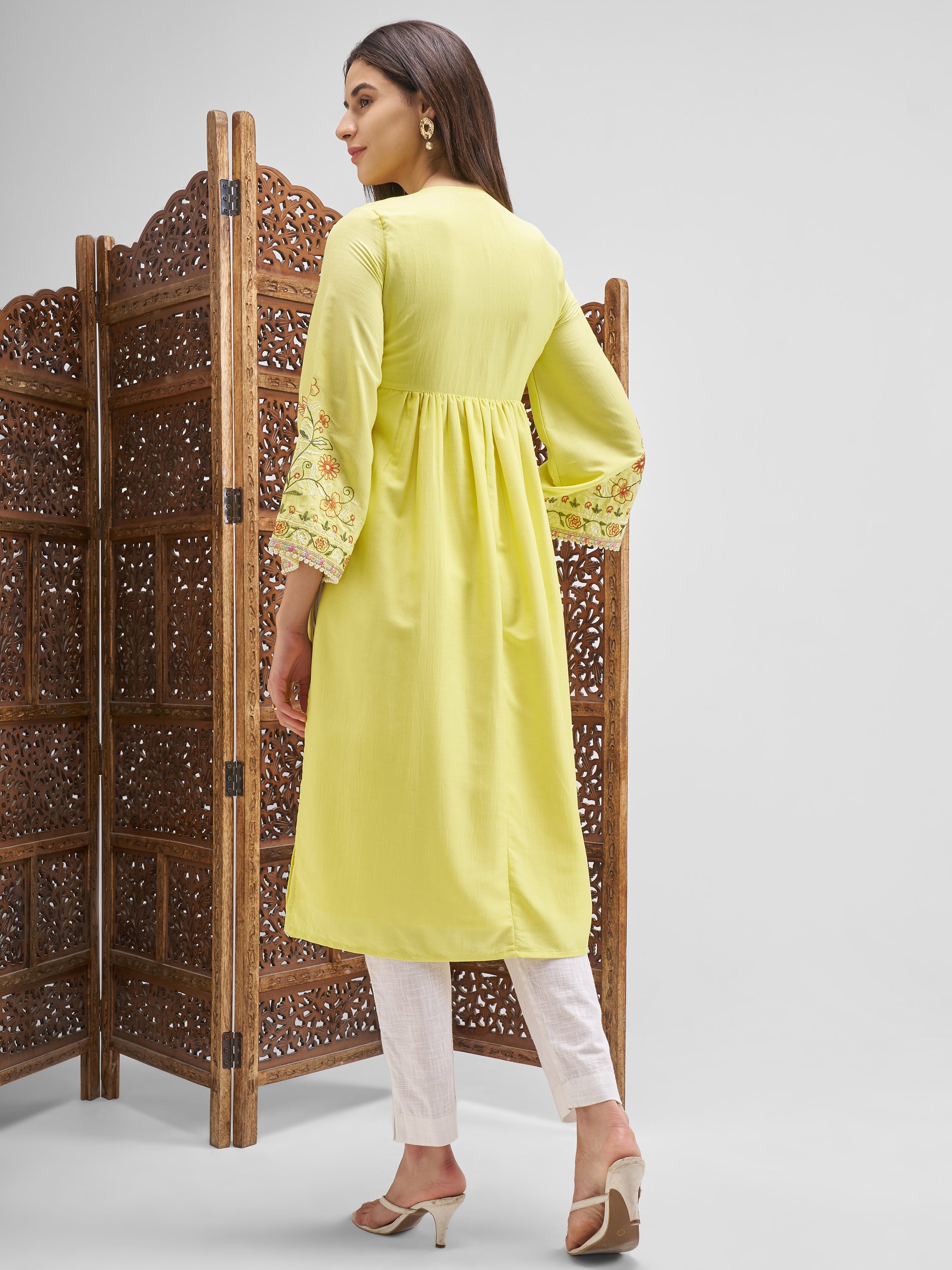 Vishudh Women Yellow Embroidered Anarkali Kurta - Yellow - Image 3