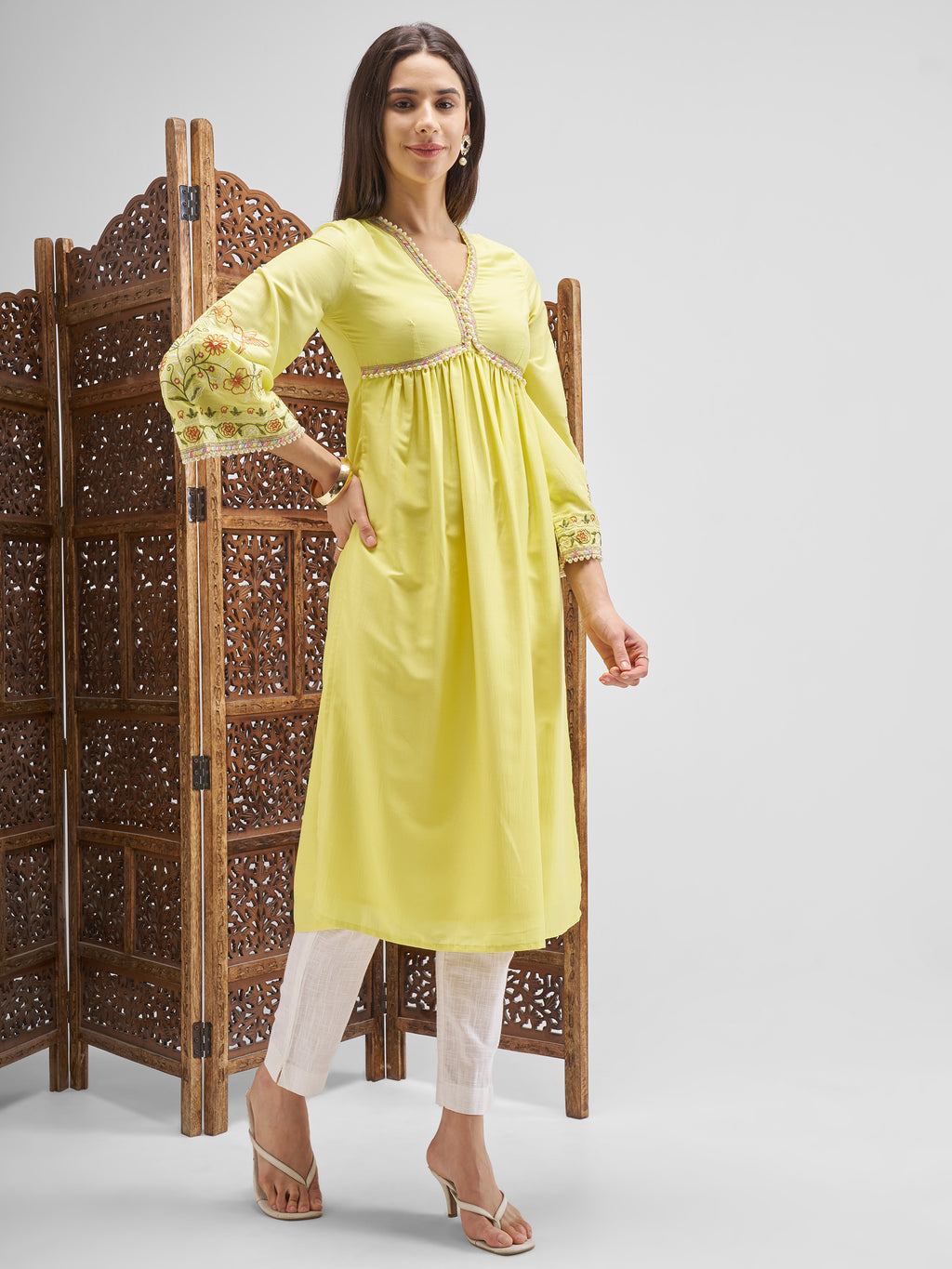 Vishudh Women Yellow Embroidered Anarkali Kurta - Yellow - Image 4