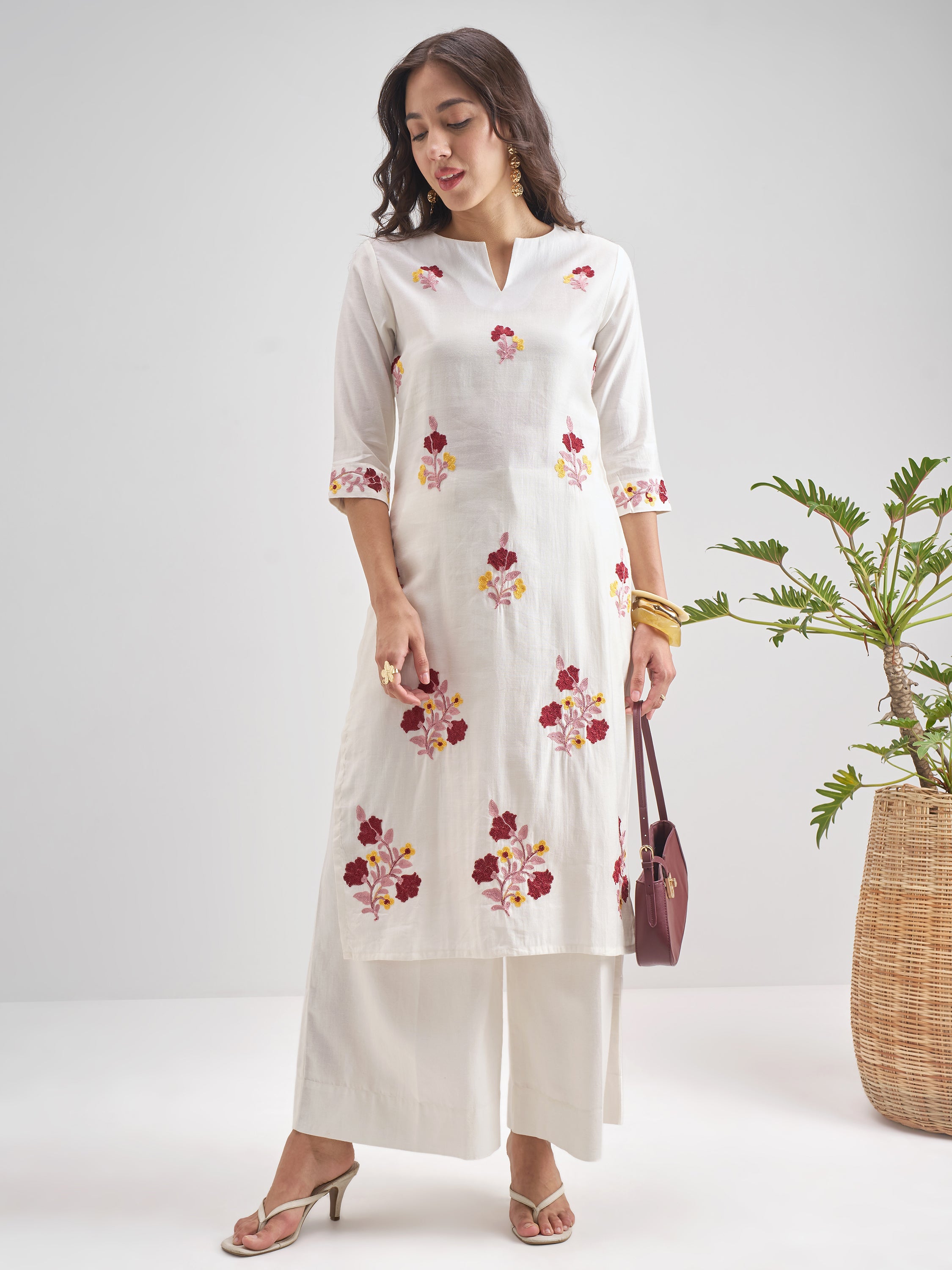 Vishudh Women Off White Embroidered Straight Kurta - Off White - Image 1