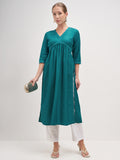 Vishudh Women Teal Embroidered Anarkali Kurta - Teal - Image 1
