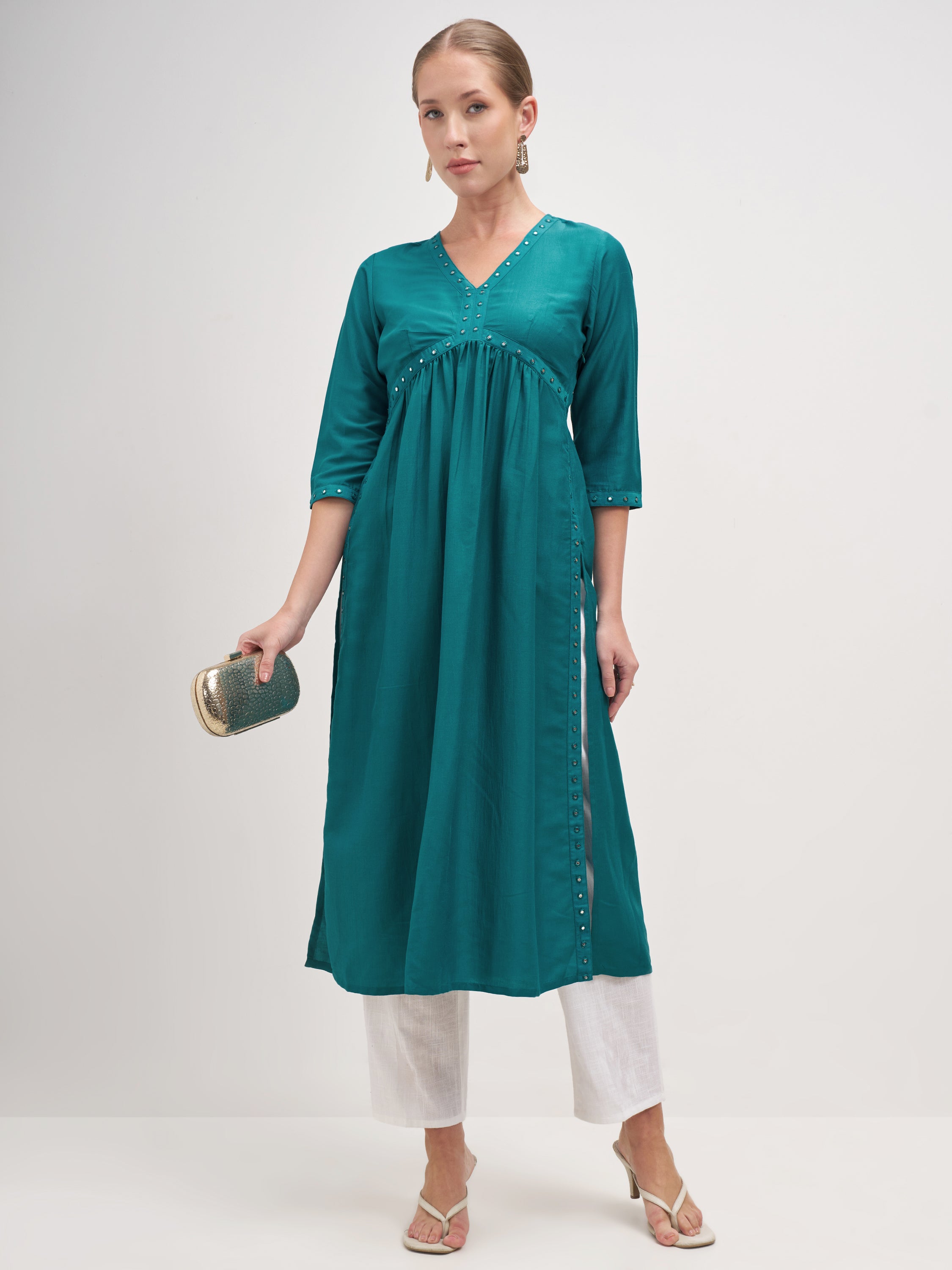 Vishudh Women Teal Embroidered Anarkali Kurta - Teal - Image 1