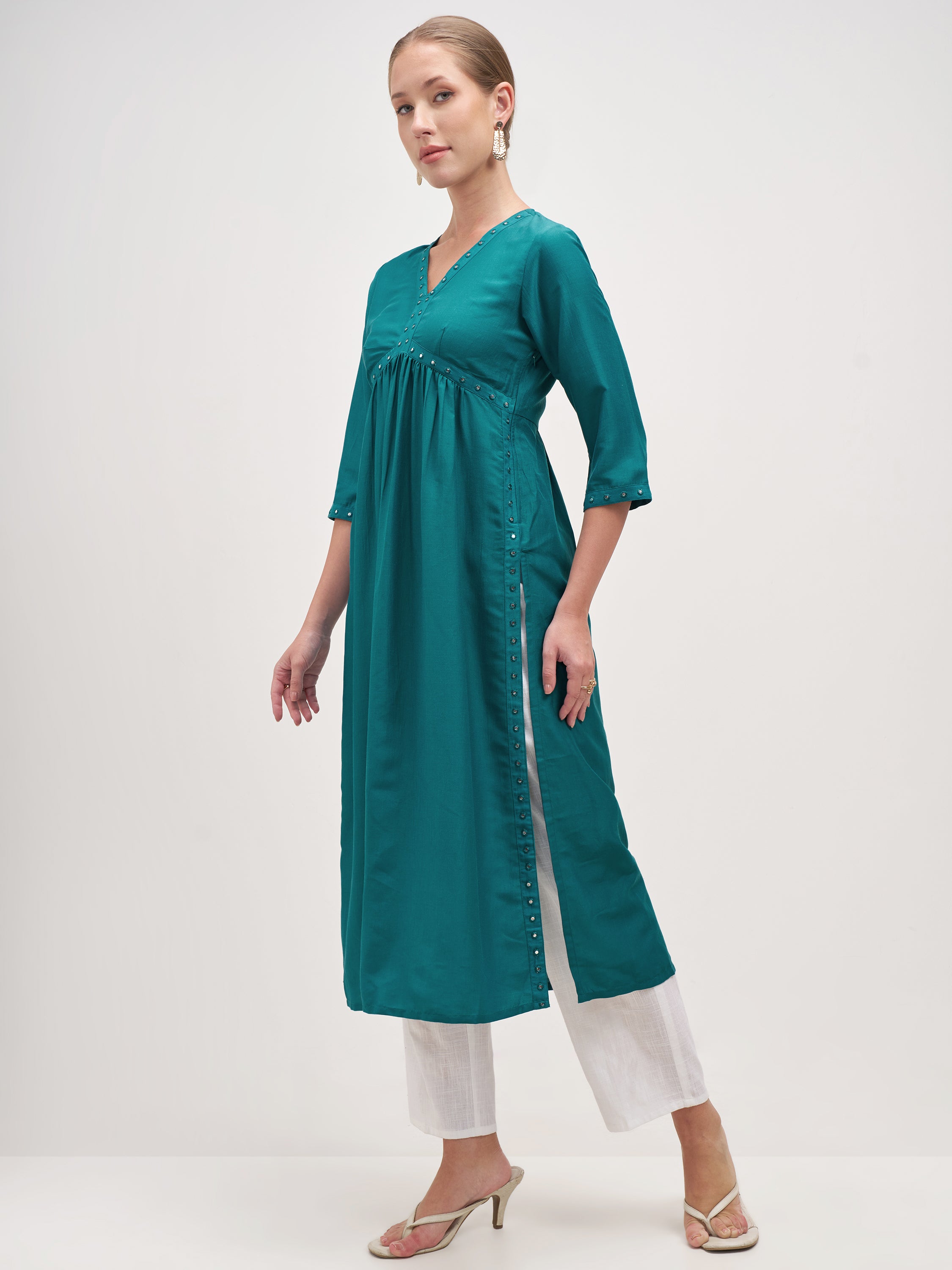 Vishudh Women Teal Embroidered Anarkali Kurta - Teal - Image 2