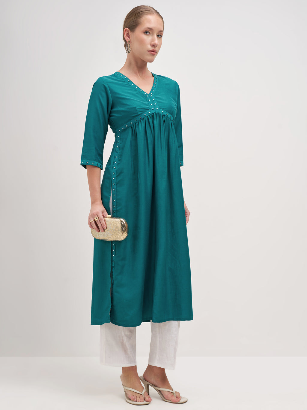 Vishudh Women Teal Embroidered Anarkali Kurta - Teal - Image 4
