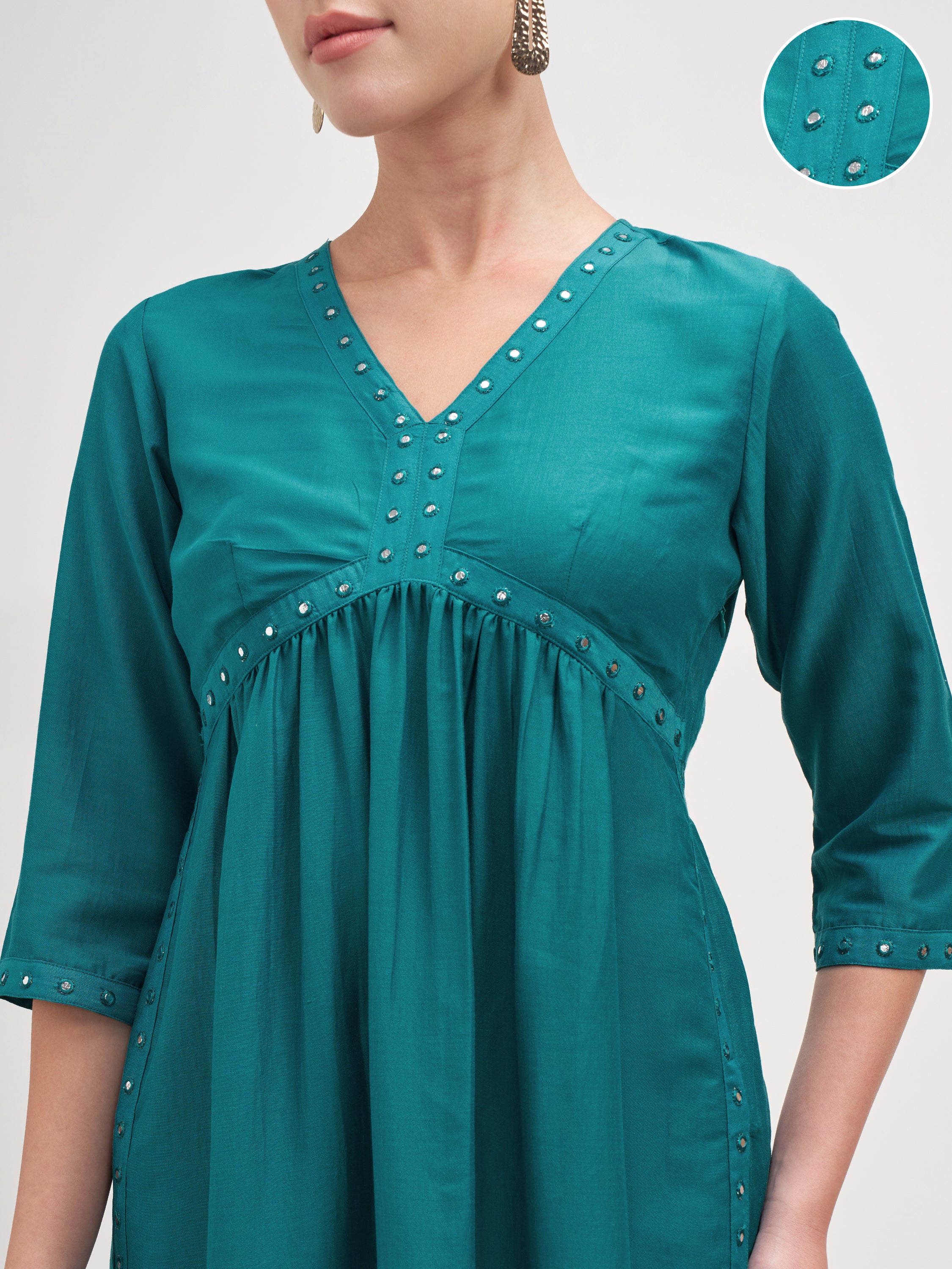 Vishudh Women Teal Embroidered Anarkali Kurta - Teal - Image 5