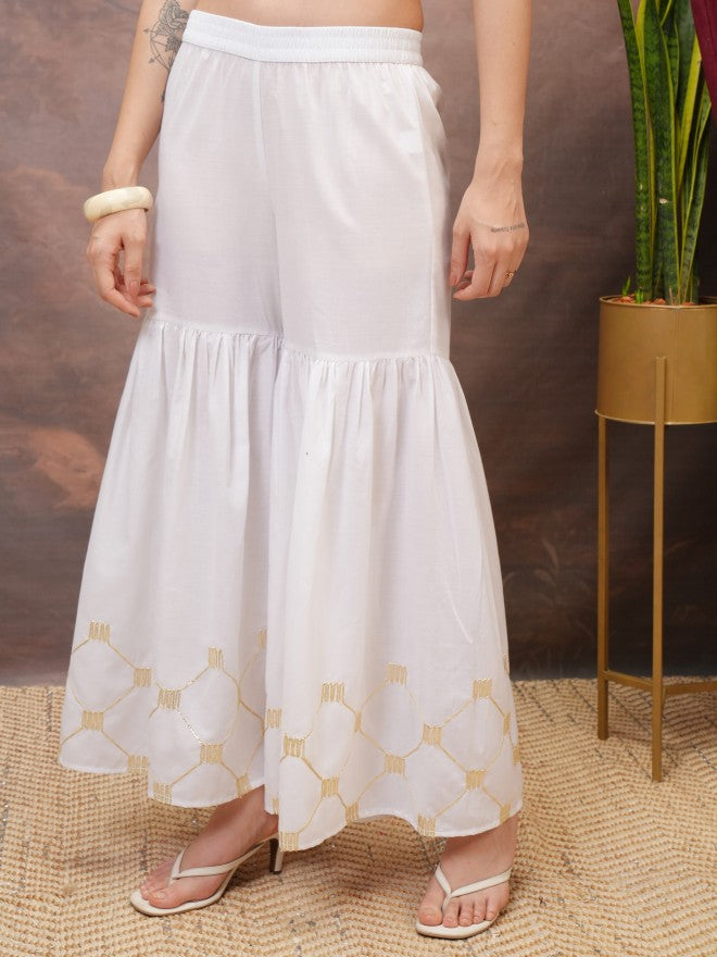 Vishudh Women White Embroidered Flared Palazzos - White - Image 4