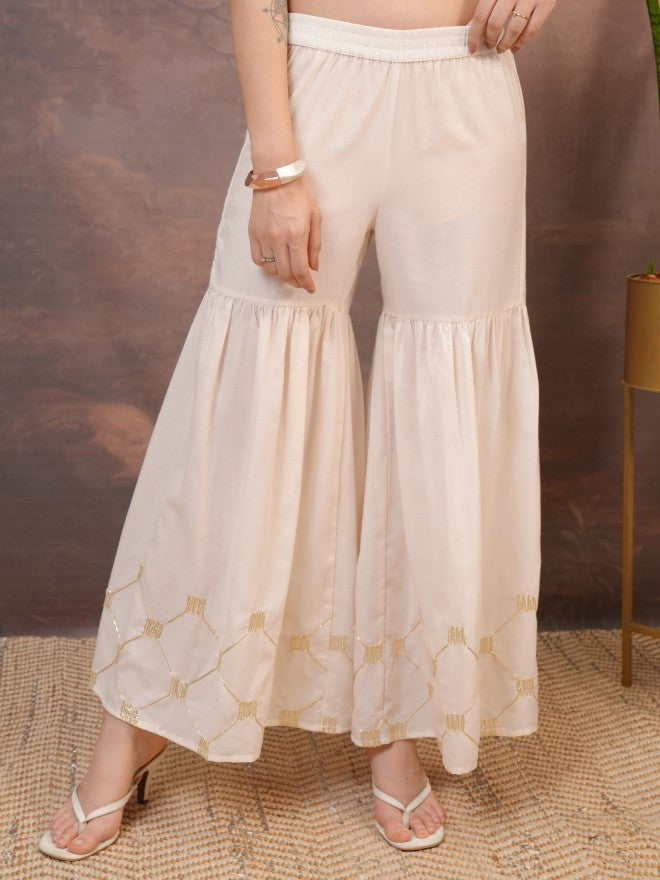 Vishudh Women Beige Embroidered Flared Palazzos - Beige - Image 1