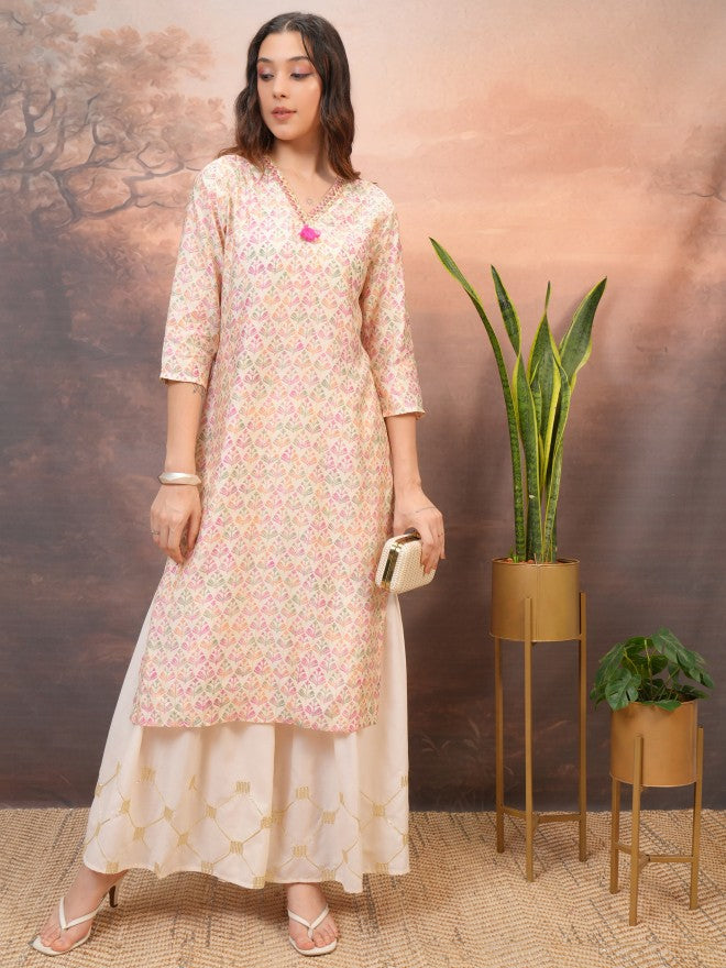Vishudh Women Beige Embroidered Flared Palazzos - Beige - Image 2