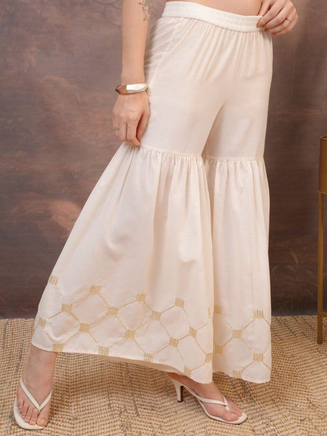 Vishudh Women Beige Embroidered Flared Palazzos - Beige - Image 6