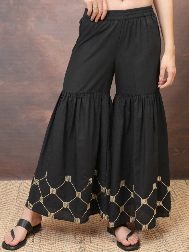 Vishudh Women Black Embroidered Flared Palazzos - Black - Image 1