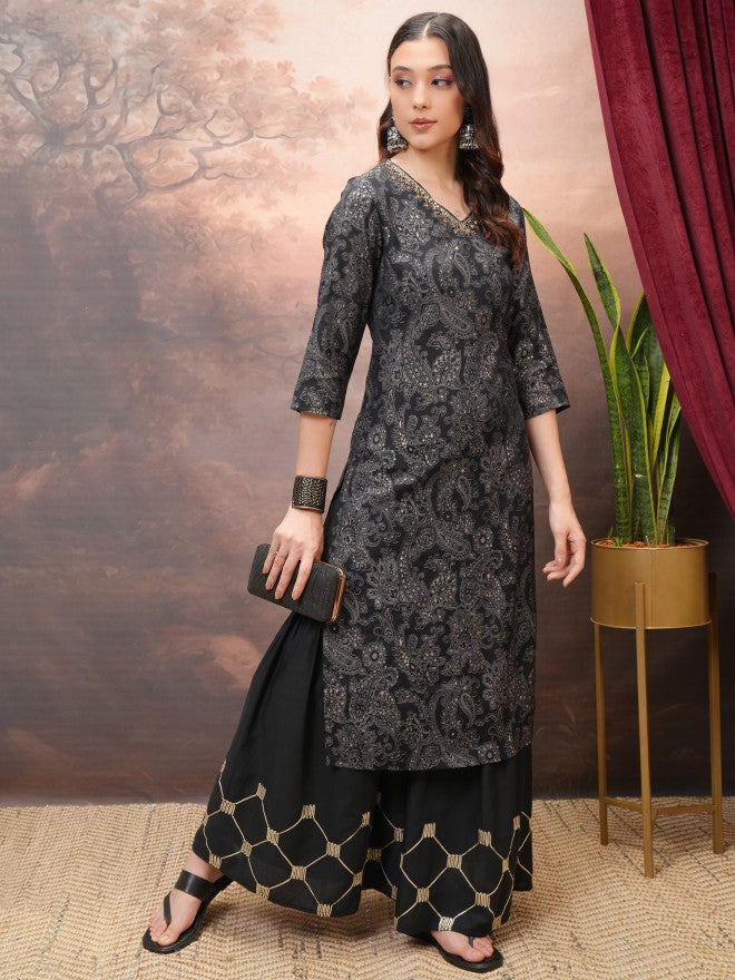Vishudh Women Black Embroidered Flared Palazzos - Black - Image 2