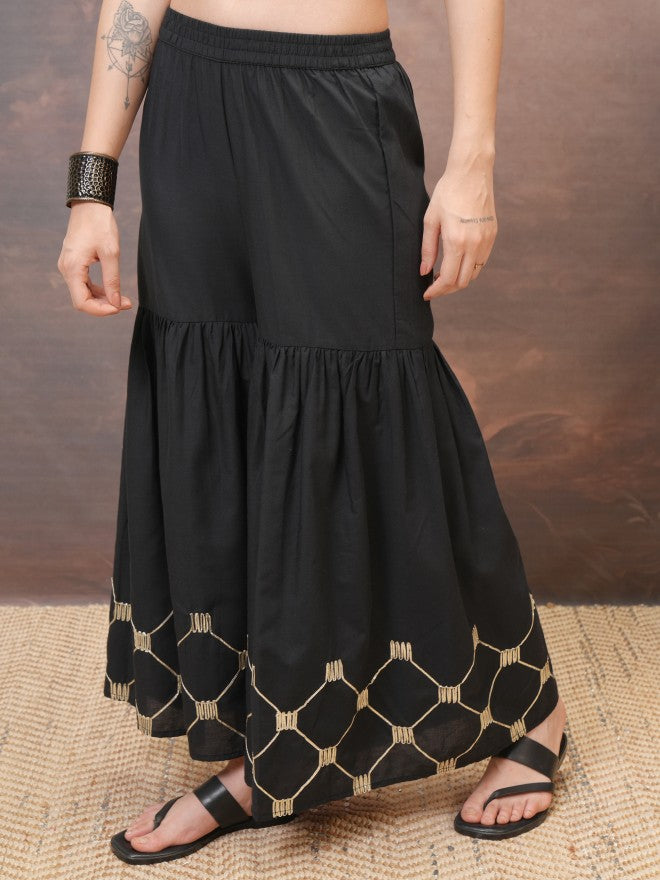 Vishudh Women Black Embroidered Flared Palazzos - Black - Image 4
