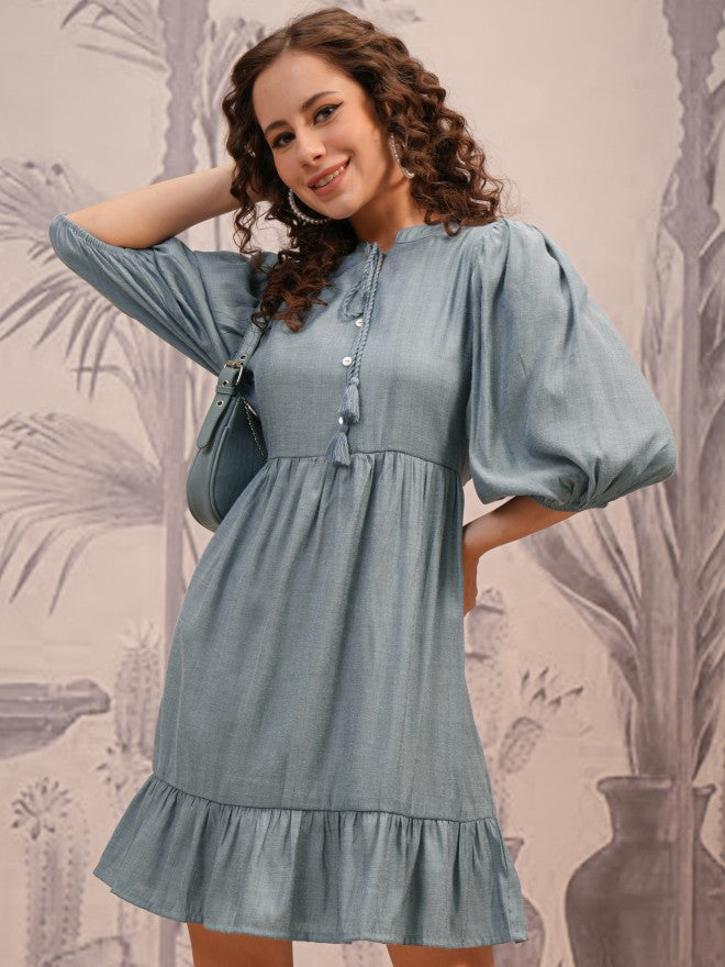 Vishudh Women Blue Solid Fit And Flare Dress - Blue - Image 1