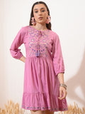 Vishudh Women Pink Embroidered Fit and Flare Dress - Pink - Image 1