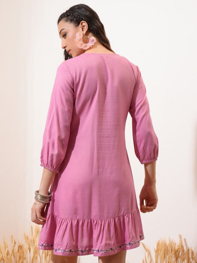 Vishudh Women Pink Embroidered Fit and Flare Dress - Pink - Image 3