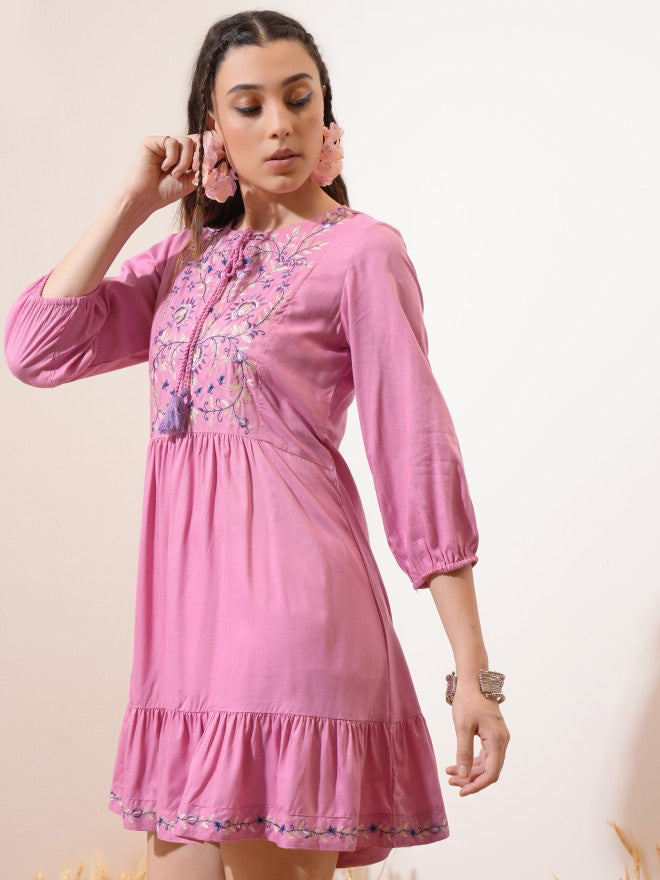 Vishudh Women Pink Embroidered Fit and Flare Dress - Pink - Image 4
