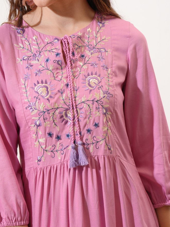 Vishudh Women Pink Embroidered Fit and Flare Dress - Pink - Image 5