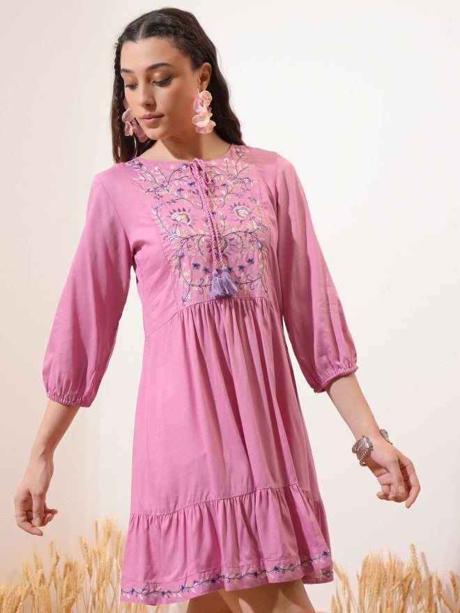 Vishudh Women Pink Embroidered Fit and Flare Dress - Pink - Image 6