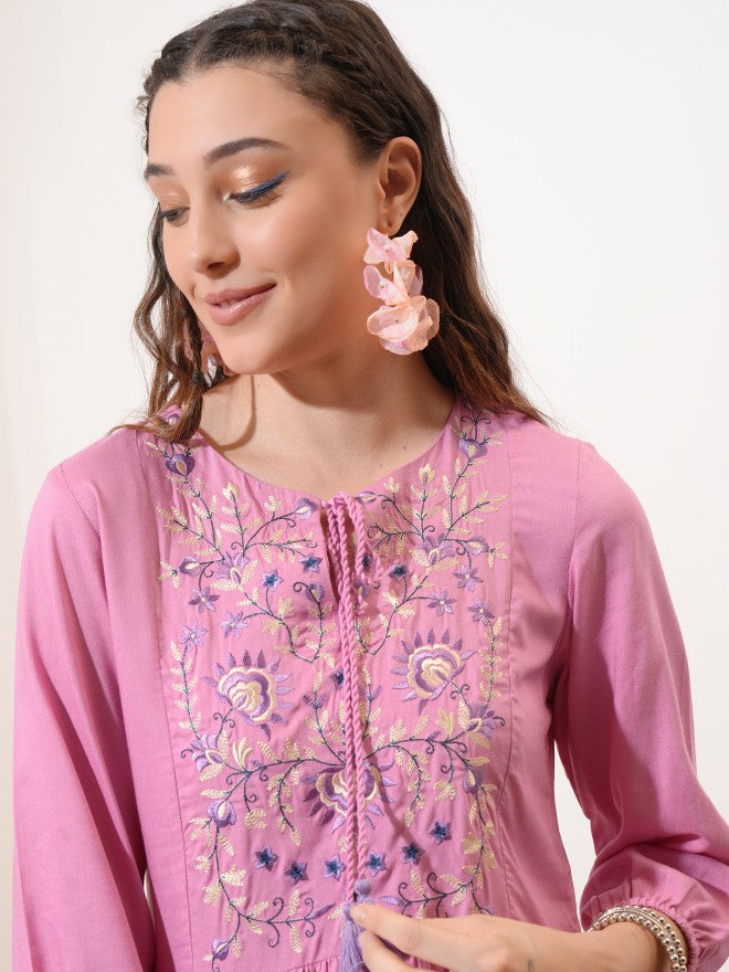 Vishudh Women Pink Embroidered Fit and Flare Dress - Pink - Image 7