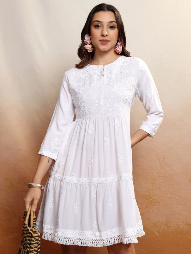Vishudh Women White Embroidered A-Line Dress - White - Image 1