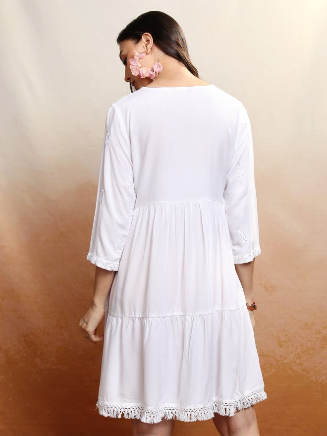 Vishudh Women White Embroidered A-Line Dress - White - Image 3