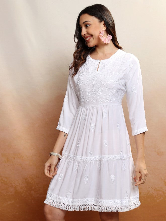 Vishudh Women White Embroidered A-Line Dress - White - Image 4