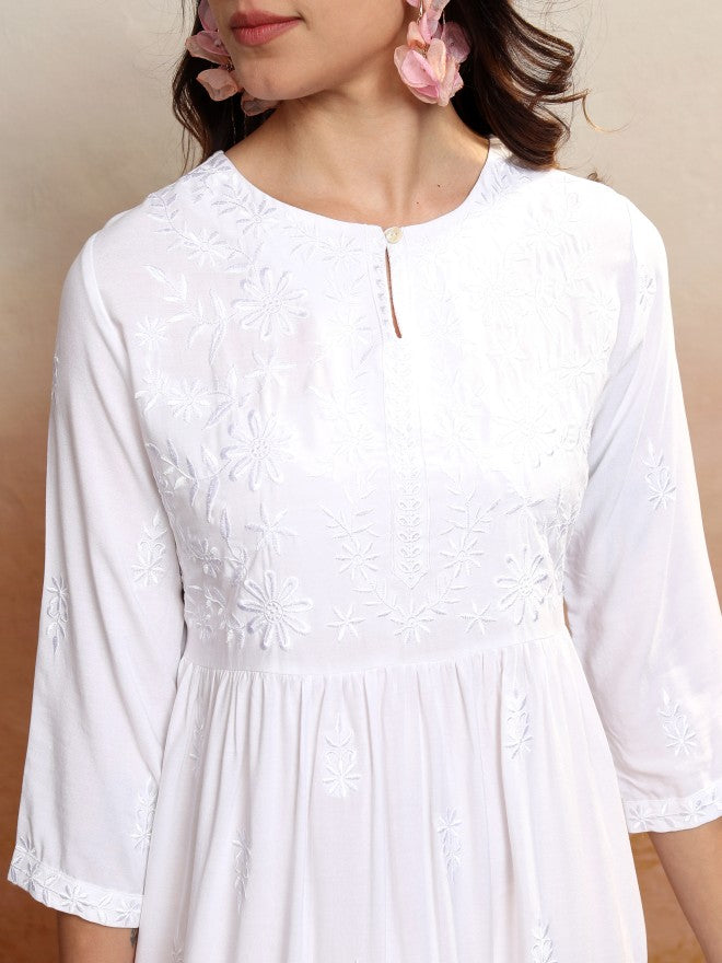 Vishudh Women White Embroidered A-Line Dress - White - Image 5