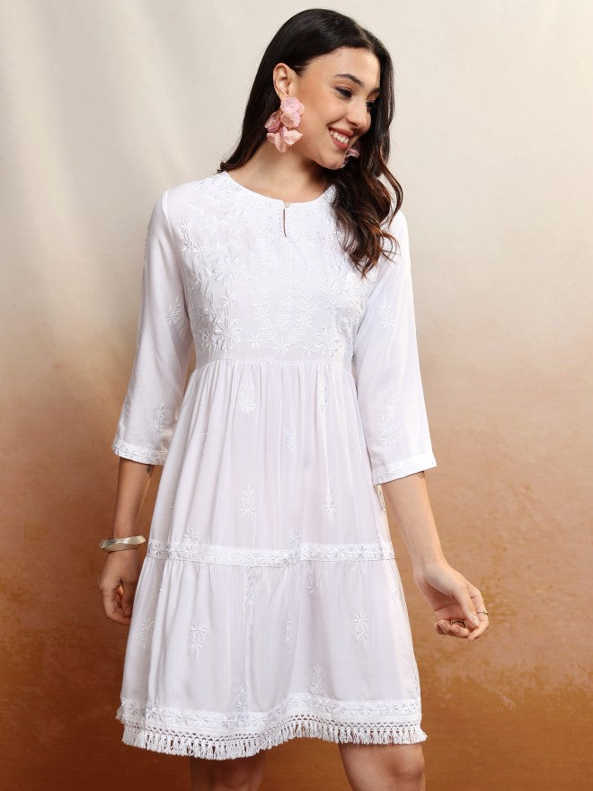 Vishudh Women White Embroidered A-Line Dress - White - Image 6