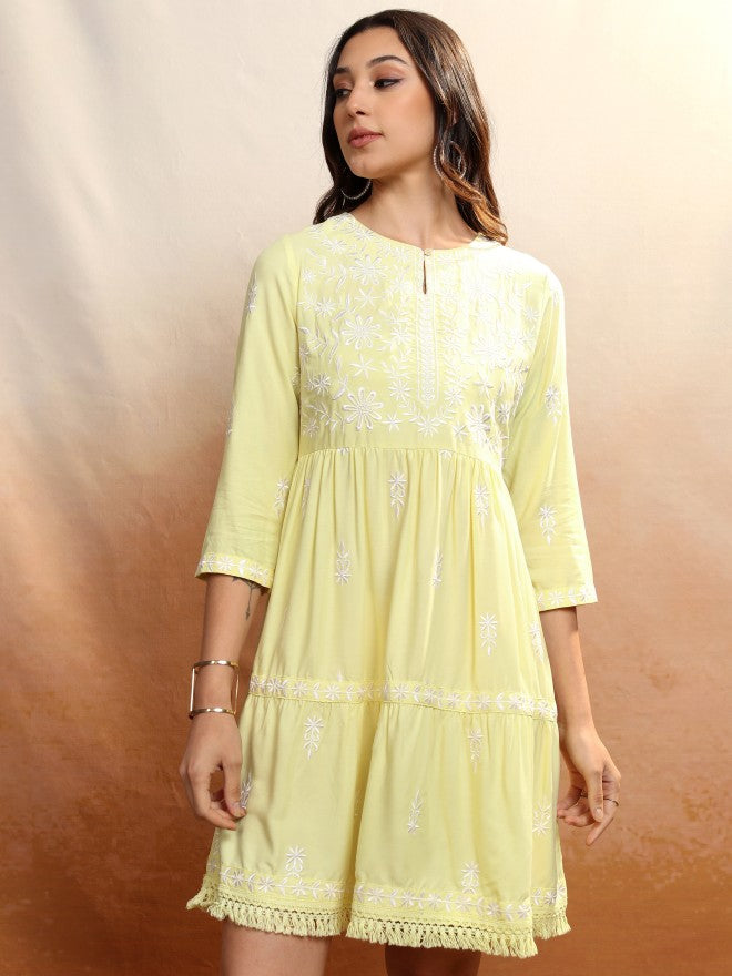 Vishudh Women Yellow Embroidered A-Line Dress - Yellow - Image 1