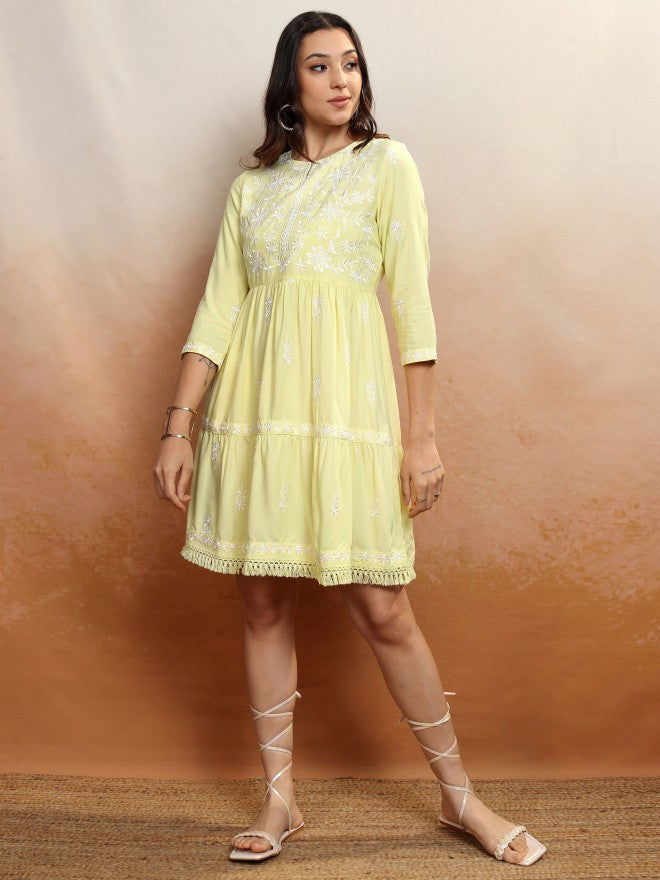 Vishudh Women Yellow Embroidered A-Line Dress - Yellow - Image 2